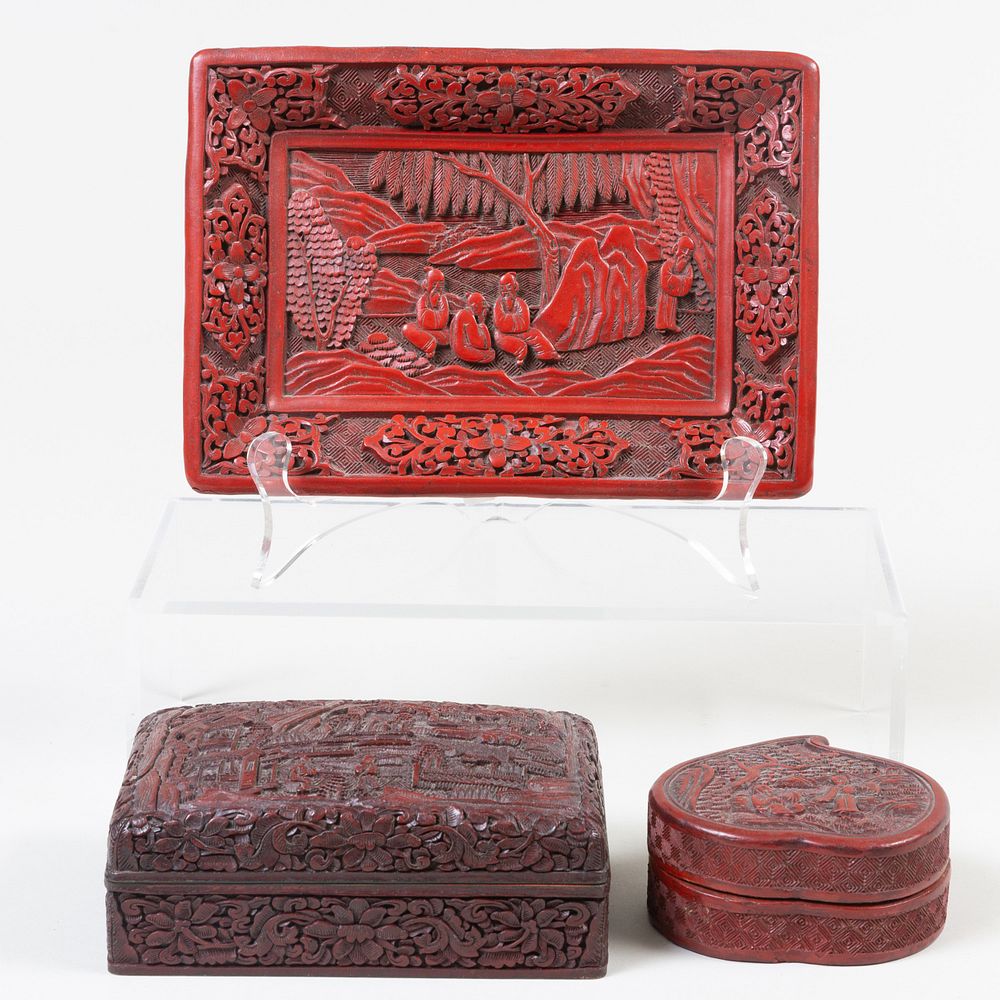 Appraisal: Group of Chinese Cinnabar Objects Comprising A box with six