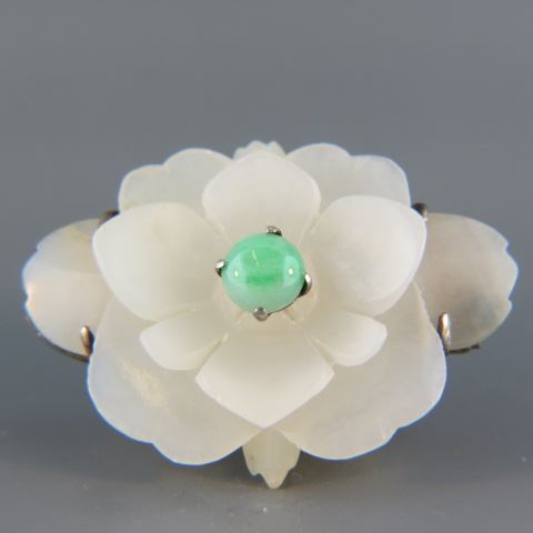 Appraisal: White Jade Brooch Chinese carved flower with green cabachon silver