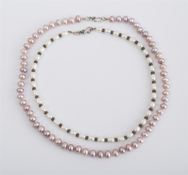 Appraisal: Two Freshwater Pearl Necklaces with Silver Clasps White in pink