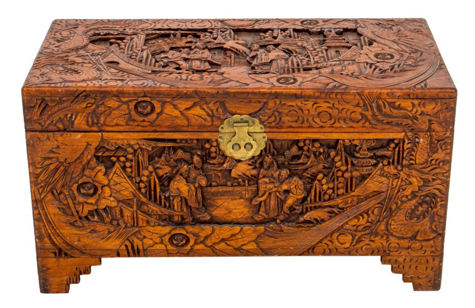 Appraisal: CHINESE CARVED CAMPHOR WOOD TRUNK CHEST Chinese camphor wood trunk