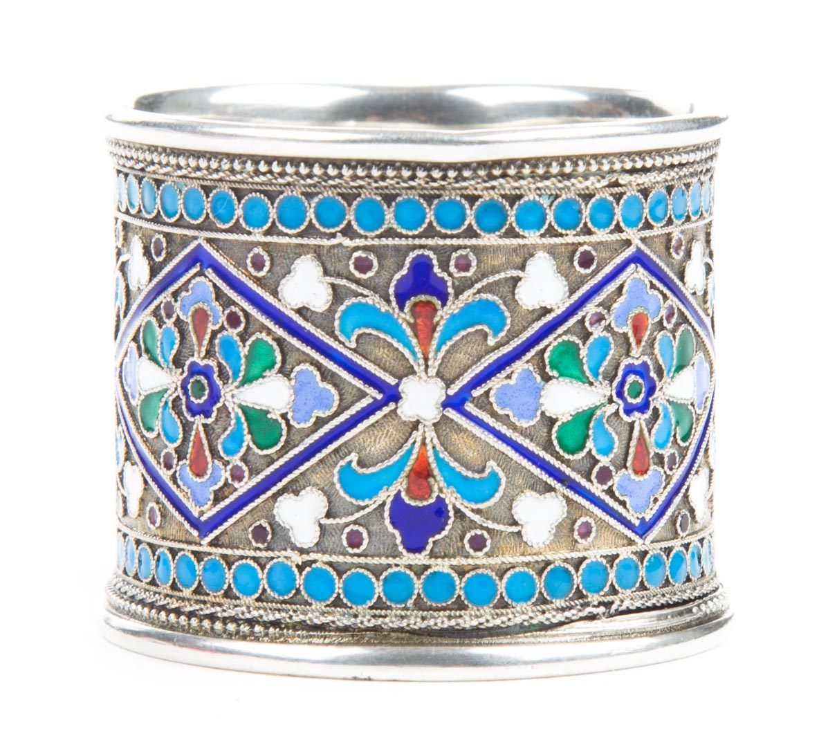 Appraisal: Russian cloisonne enamel silver napkin ring standard in H in