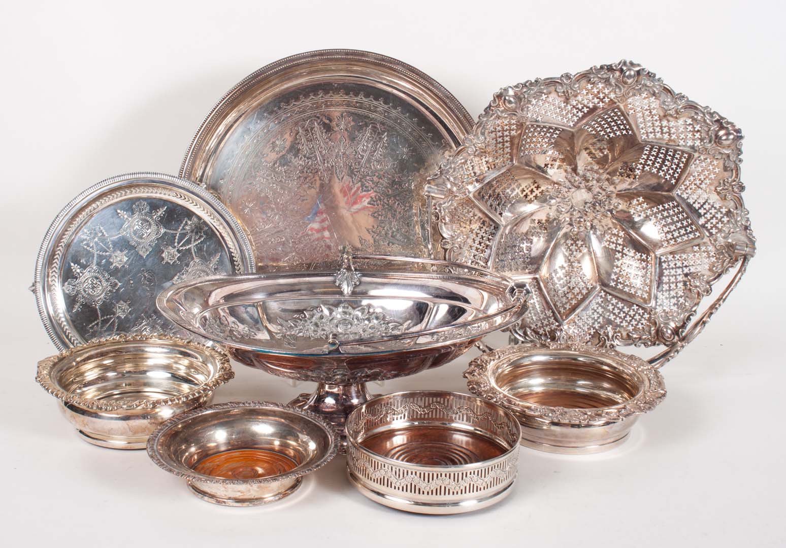 Appraisal: Eight silver-plated table items including centerpiece bowl in H over