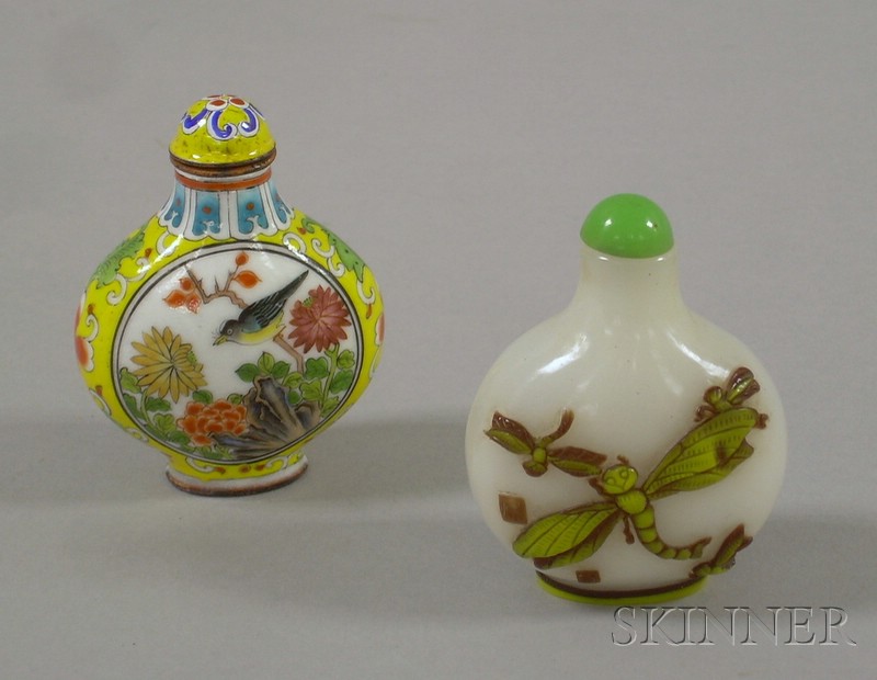 Appraisal: Two Asian Snuff Bottles one carved glass with insect carvings