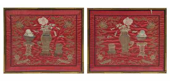 Appraisal: A Pair of Chinese Embroideries decorated with urns issuing flowers