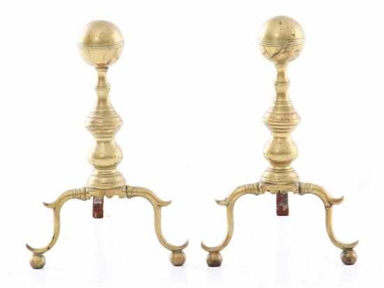 Appraisal: Pair Federal brass andirons circa spherical top over turned stem