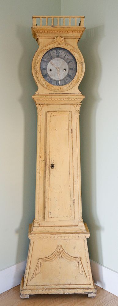 Appraisal: Scandinavian Yellow Painted Tall Case Clock circa th Century Scandinavian