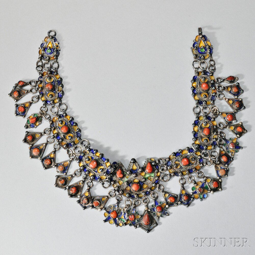 Appraisal: Silverwork Cloisonne Necklace Tibet with coral and resin insets enameled