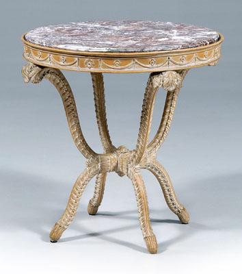 Appraisal: Carved beechwood marble-top table variegated amethyst marble top swag and