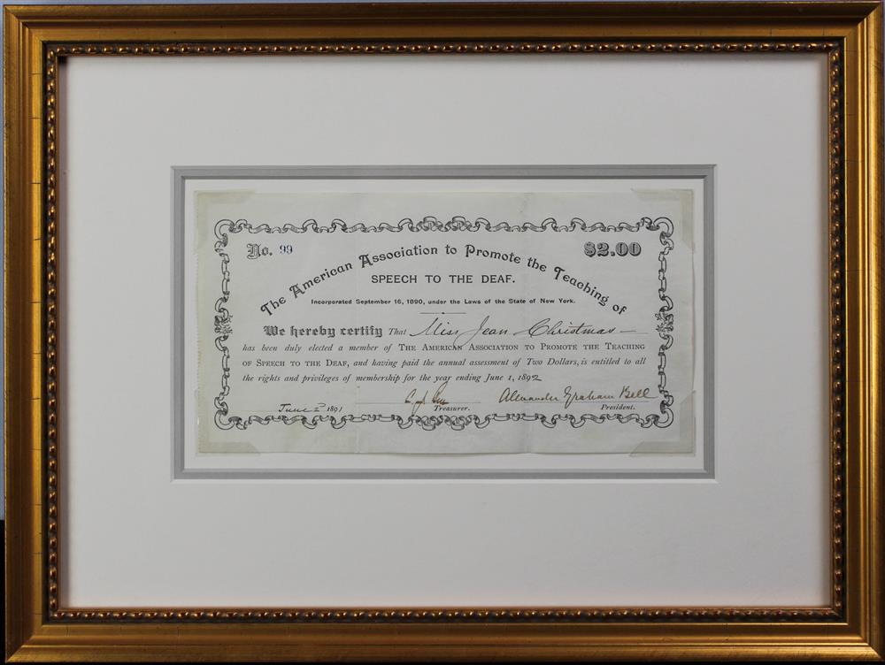 Appraisal: ALEXANDER GRAHAM BELL SIGNED MEMBERSHIP CERTIFICATE JUNE certifying that Miss