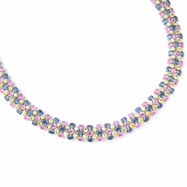 Appraisal: A multi-colored sapphire and eighteen karat white gold necklace set