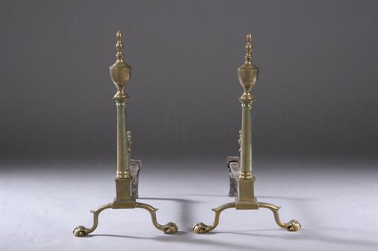 Appraisal: NEOCLASSICAL BRASS FIREPLACE FURNISHINGS early th century Finial-mounted urns with