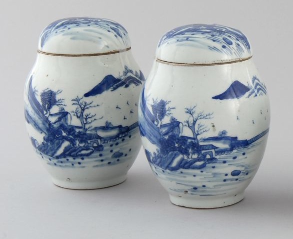 Appraisal: PAIR OF BLUE AND WHITE CANTON LOTUS-FORM JARS Height