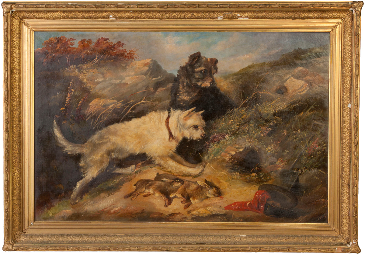 Appraisal: Painting of Hunting terriers in landscape th cent Initialed lower