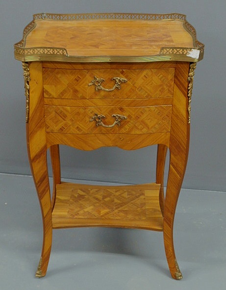 Appraisal: Louis XVI style marquetry inlaid two-drawer end table with a