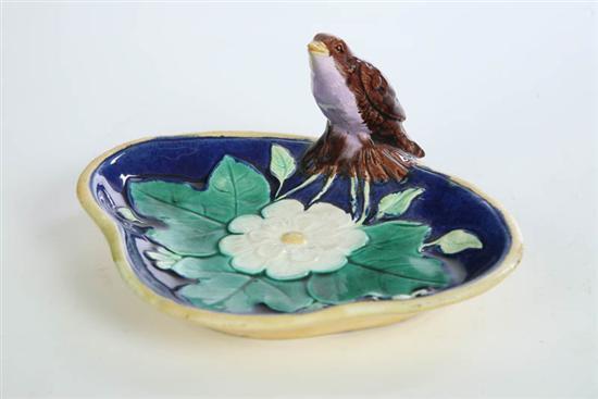 Appraisal: MAJOLICA DISH Unattributed Cobalt ground having three leaves central white