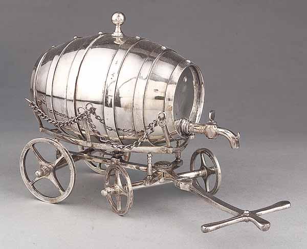 Appraisal: A Silverplate Wine Barrel Table Trolley with hinged handle height