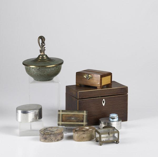 Appraisal: DECORATIVE BOXES Eleven pieces include tea caddy silver and enamel