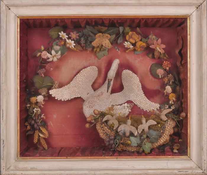 Appraisal: SEEDWORK COMPOSITION IN SHADOWBOX Modeled with an open winged swan