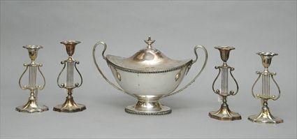 Appraisal: Silver-Plate Two-Handled Tureen together with Four Silver-Plated Candlesticks