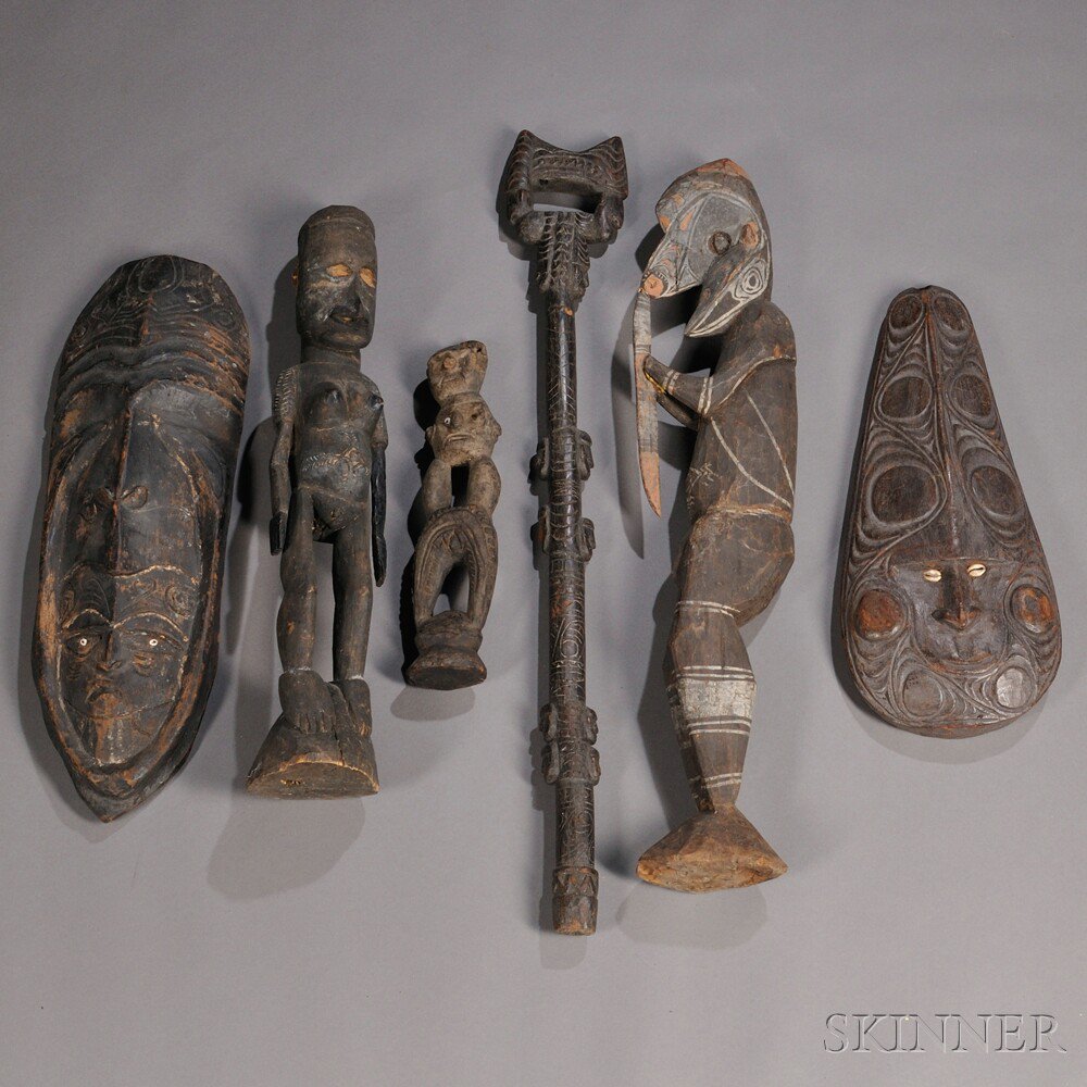 Appraisal: Six New Guinea Carved Wood Items ht to in Estimate