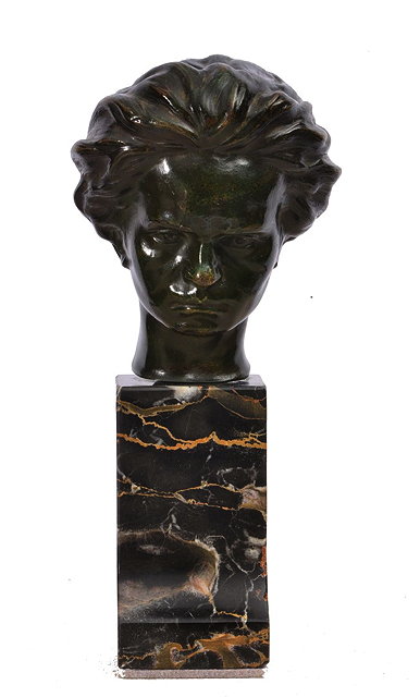 Appraisal: A BRONZE BUST of the young Beethoven with verdi-gris patina