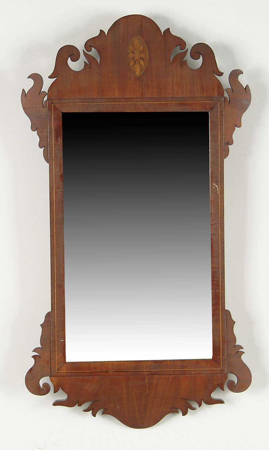 Appraisal: FINE CHIPPENDALE INLAID MAHOGANY MIRROR Scroll carved crests top crest