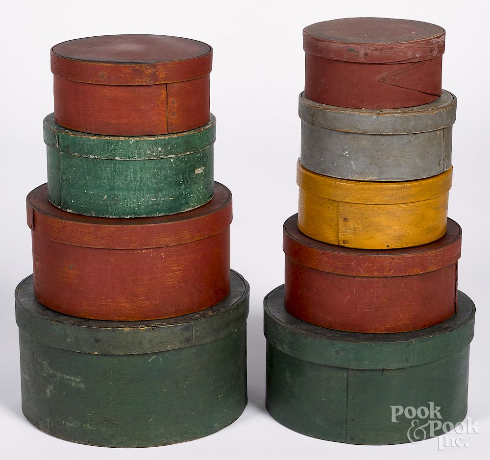 Appraisal: Nine painted bentwood boxes Nine painted bentwood boxes th c