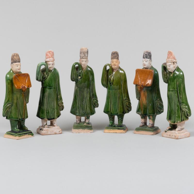 Appraisal: Group of Six Chinese Green Glazed Pottery Figures Unmarked x