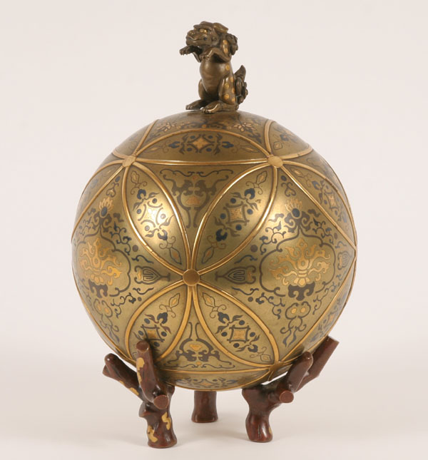 Appraisal: Bronze and mixed metal covered jar footed orb ornately decorated