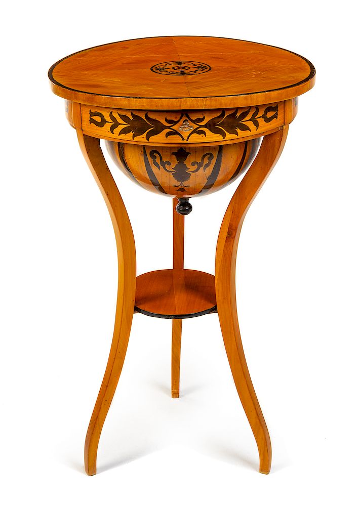 Appraisal: A Biedermeier Marquetry Sewing Table TH CENT A Biedermeier Marquetry