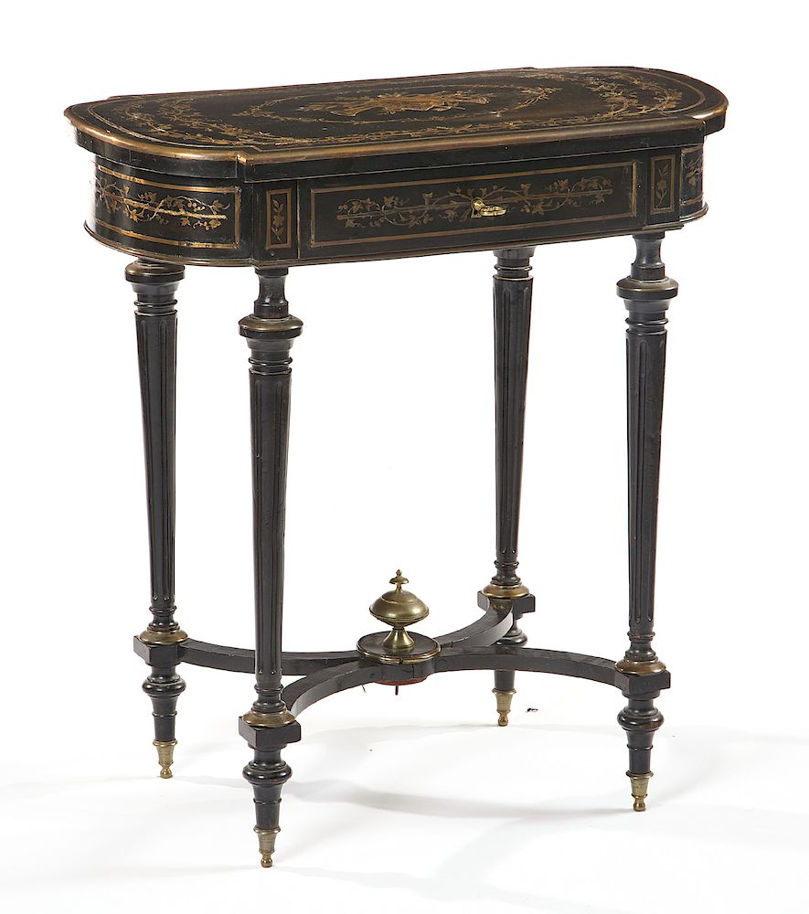 Appraisal: Napoleon III ebonized and cut brass inlaid work table Napoleon