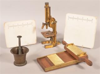 Appraisal: Five Pieces of Pharmacist Items Walnut and Brass Pill Press