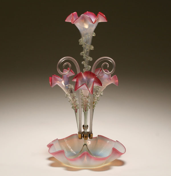 Appraisal: Seven flute Victorian glass epergne frosted body with cranberry accents