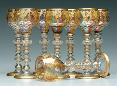 Appraisal: Set of nine decorated goblets rainbow glass tops with extensive