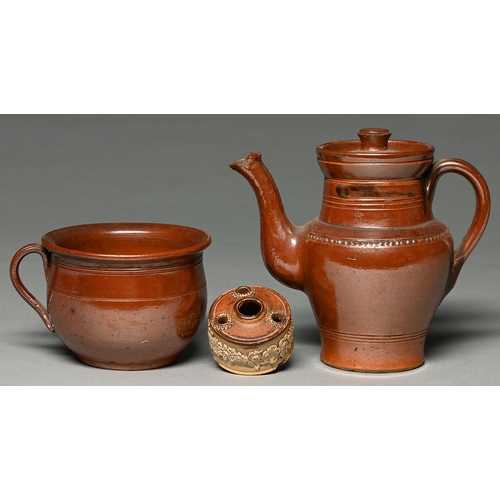 Appraisal: A Derbyshire saltglazed brown stoneware handled pot or porringer Chesterfield