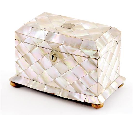 Appraisal: English mother-of-pearl bowfront tea caddy th century shaped hinged lid