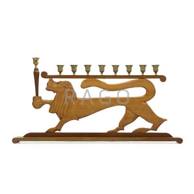 Appraisal: FOLK ART LION MENORAH Carved wood and brass th c