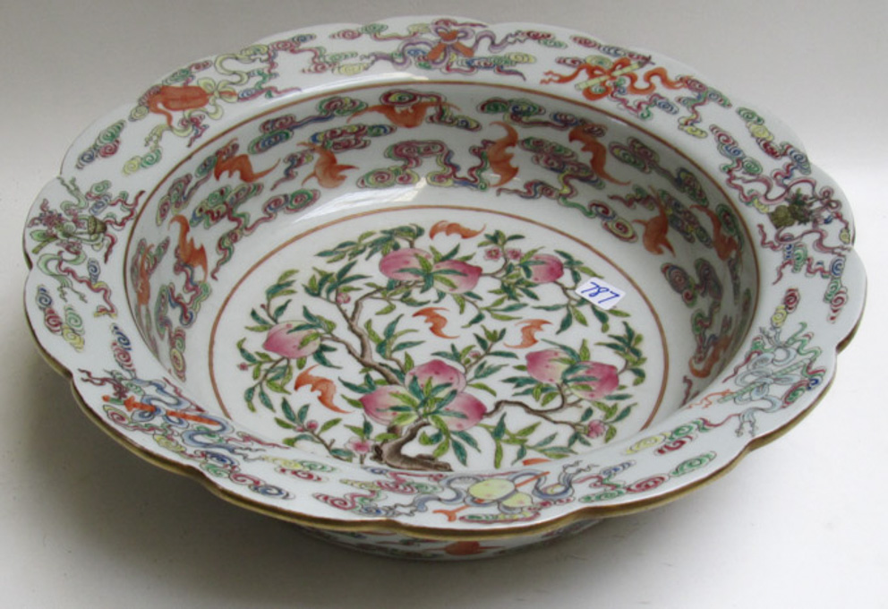 Appraisal: CHINESE FAMILLE ROSE PORCELAIN BOWL hand enameled with fruiting peach