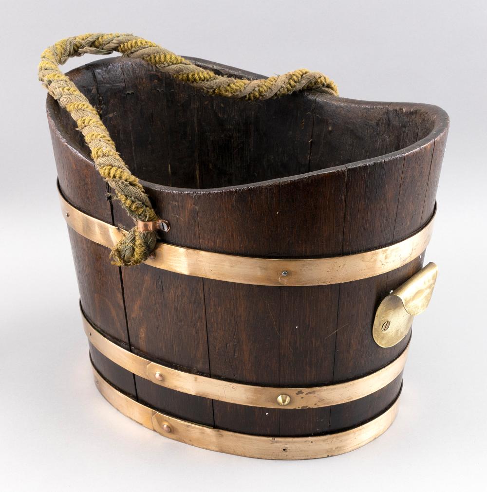 Appraisal: ENGLISH BRASS-BOUND OAK PEAT BUCKET TH CENTURY HEIGHT ENGLISH BRASS-BOUND