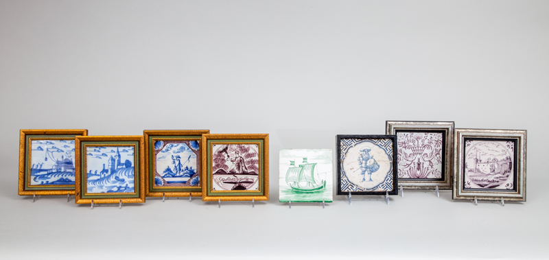 Appraisal: GROUP OF SEVEN FRAMED DELFT PICTORIAL TILES AND AN UNFRAMED