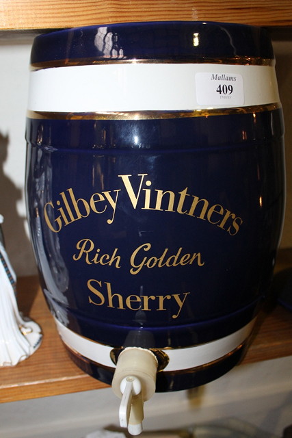 Appraisal: A SHERRY BARREL of cobalt ground with gilt Gilbey Vintners