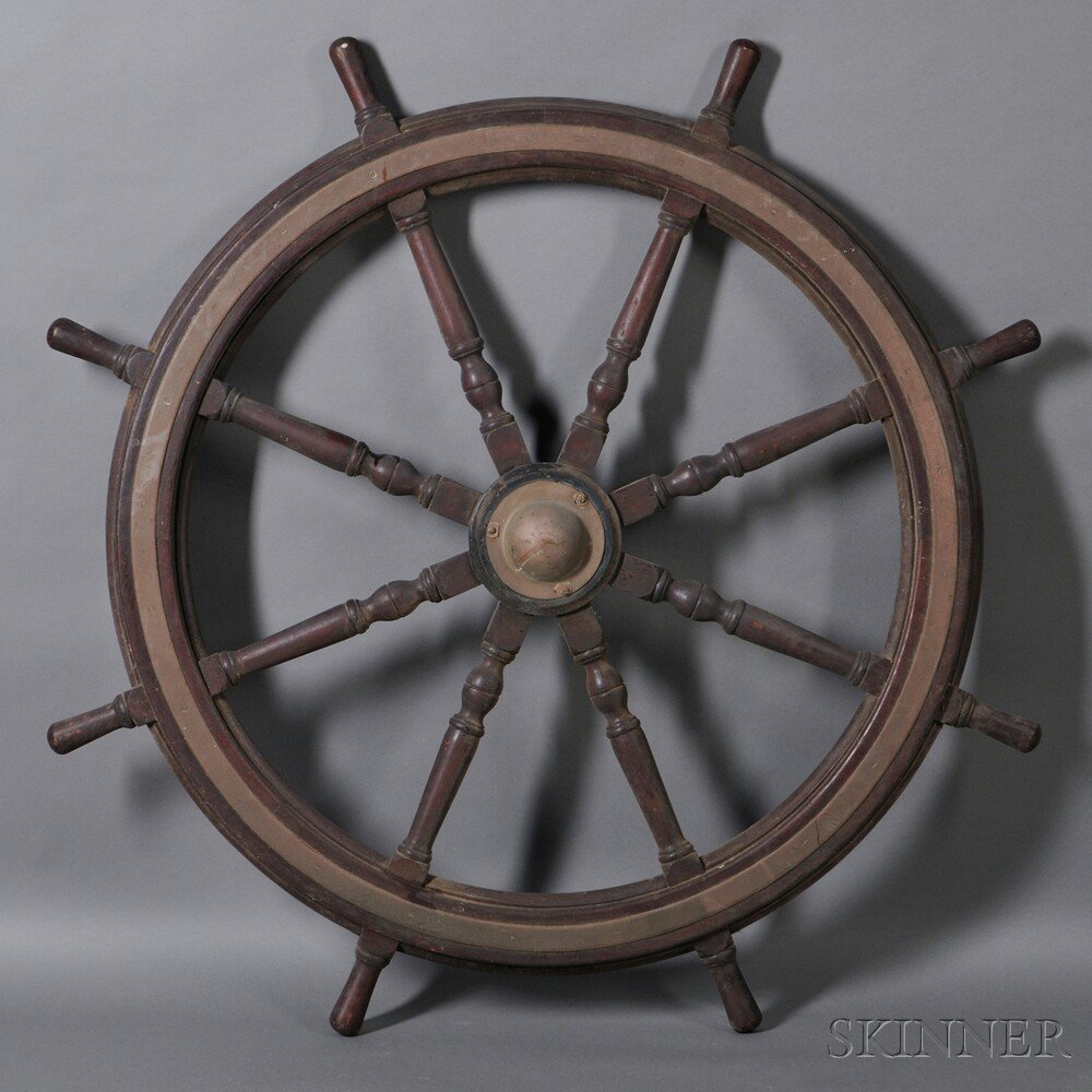 Appraisal: Large Mahogany Brass and Cast Iron Ship's Wheel America late