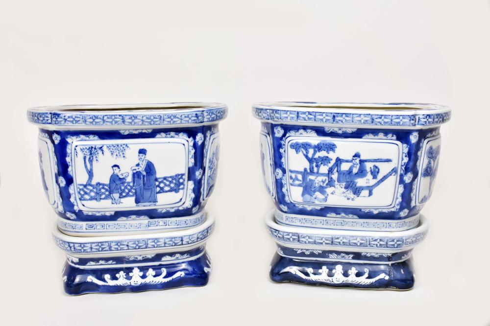 Appraisal: PAIR OF CHINESE BLUE AND WHITE PORCELAIN JARDINIERES ON STANDSModern