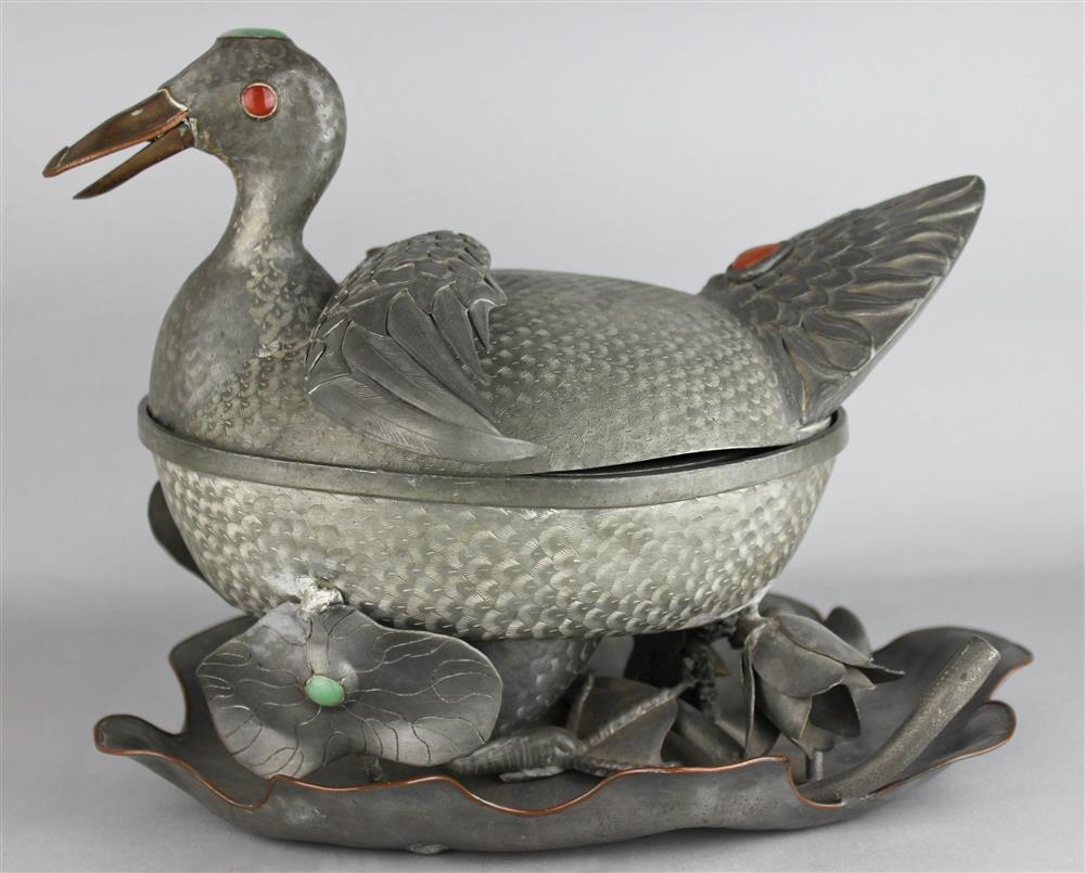 Appraisal: CHINESE PEWTER HARDSTONE INLAID DUCK-FORM TUREEN AND STAND with delicately