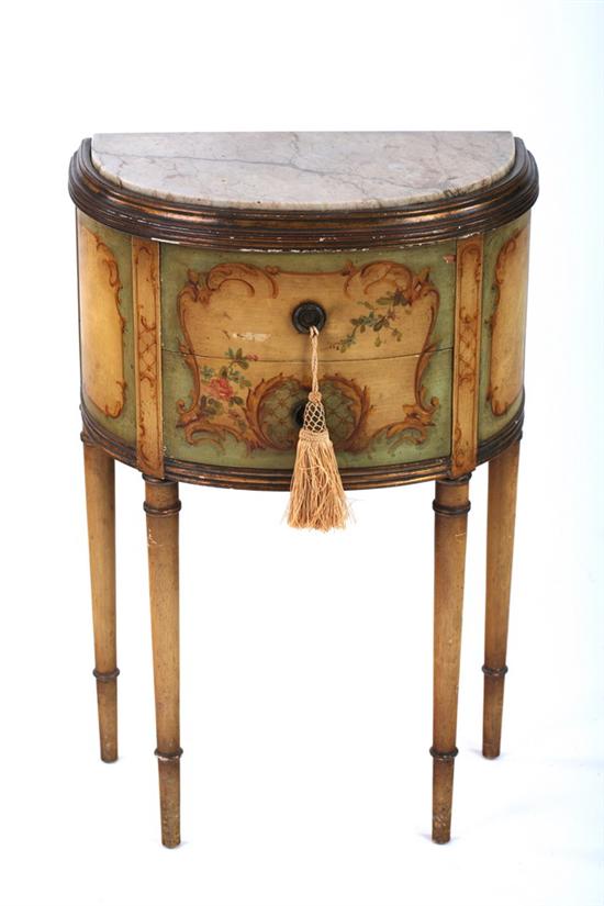 Appraisal: MARBLE-TOP PAINTED AND PARCEL GILT PETITE SIDE TABLE early th