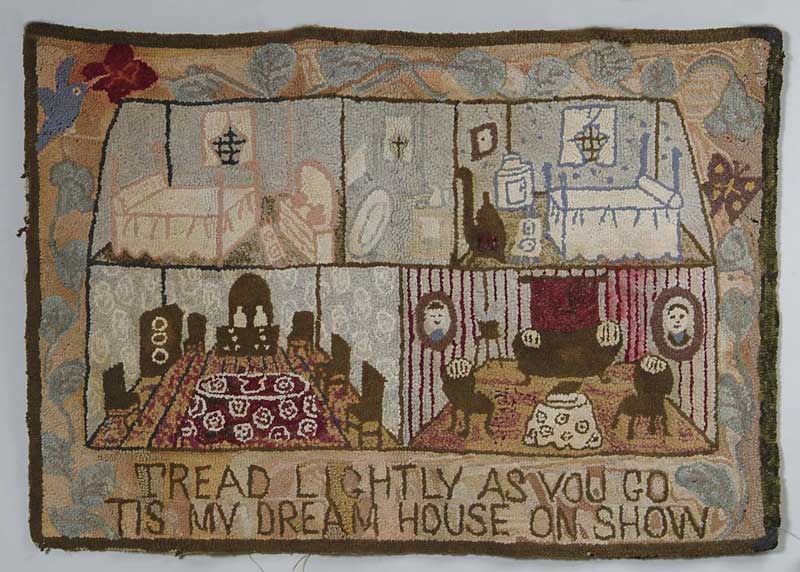 Appraisal: FOLK ART HOOKED RUG Fabulous rug has cut away house