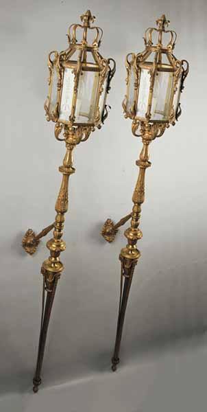 Appraisal: A Pair of Antique Rococo-Style Bronze Wall Lanterns c crown