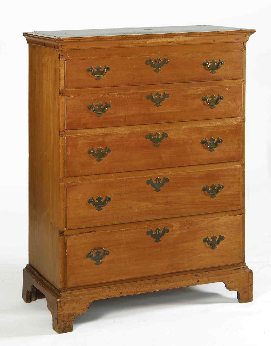 Appraisal: ANTIQUE AMERICAN CHIPPENDALE FIVE-DRAWER TALL CHESTCirca In maple Graduated drawers