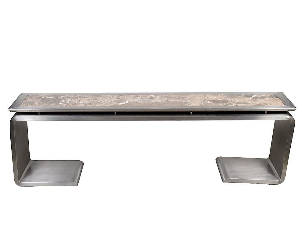 Appraisal: CONTEMPORARY POLISHED METAL CONSOLE TABLE The waterfall design inset with