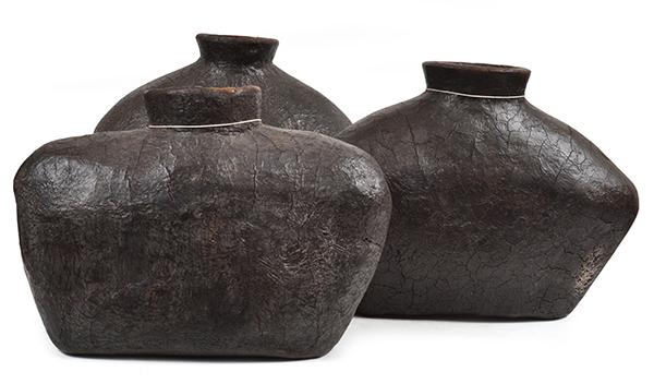 Appraisal: THREE PAPIER MACHE WINE VESSELS each of mallet form the